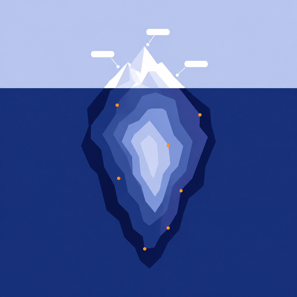 Ilustração da campanha: acima da linha d'água está a ponta do iceberg com rótulos; abaixo, camadas em azul representam o que a avaliação profissional investiga.